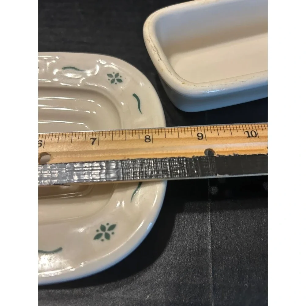 Longaberger Pottery Woven Traditions Ivory/Green Butter Dish USA